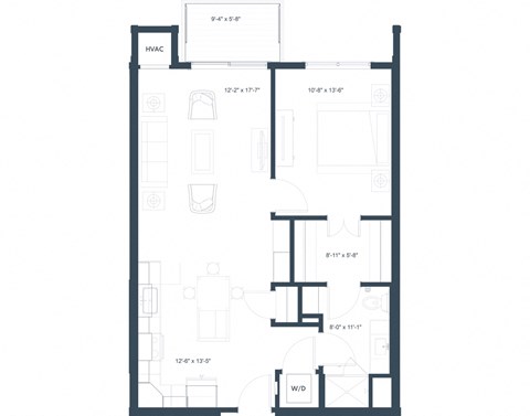 Floor plan for 1 bed, 1 bath, 792 sqft